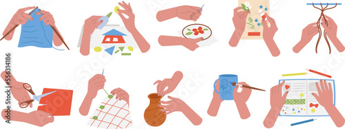 Handmade workshop, craft and embroidery process. Human hands create and painting, drawing workshop. Art hobby, diy and sewing decent vector set