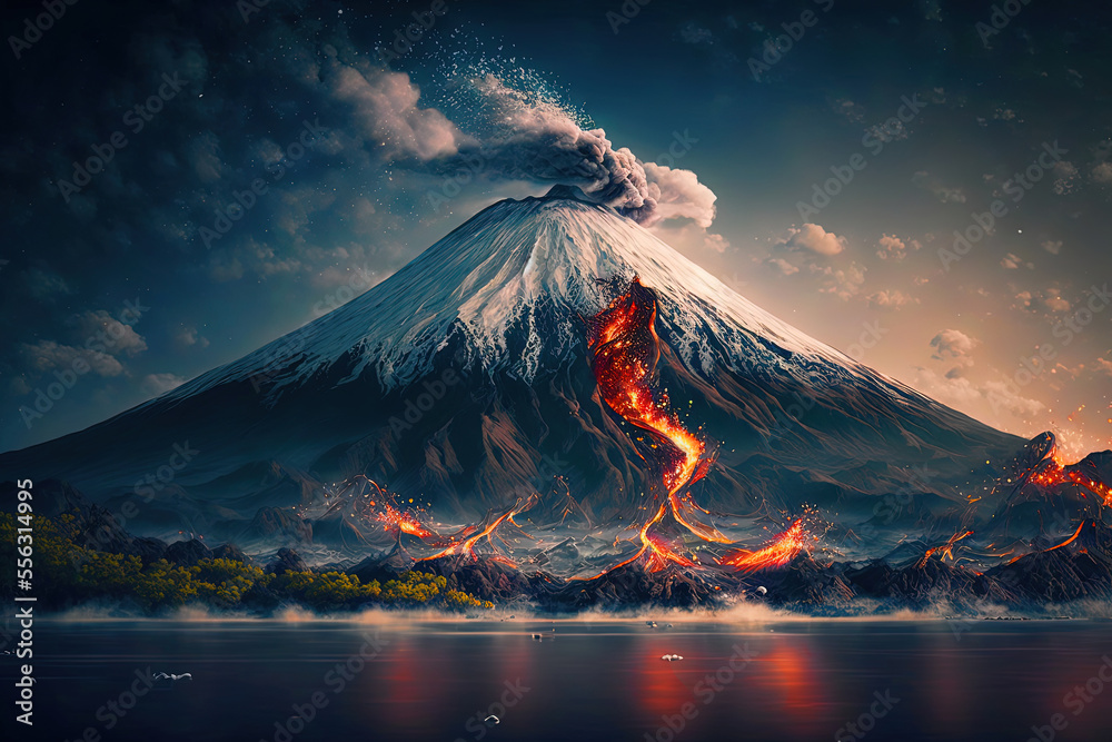 Beauty and Power of an Erupting Volcano Captured in the Mirror-Like Surface of a Lake, Lava Flows Down the Slopes in a Blaze of Glory.