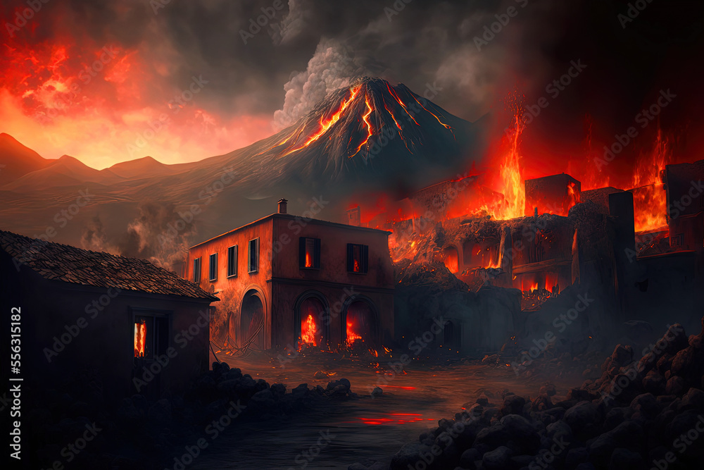 Erupting Volcano in Pompeii, a Tragedy Unfolds as Homes and Lives are Swept Away. - obrazy, fototapety, plakaty 