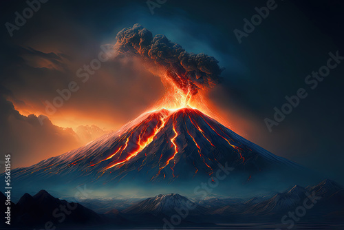 Erupting Volcano Emerges From Foggy Lower Mountains Lava Flows Down the Slopes in a Majestic Display of Nature's Fury. © Vasilii