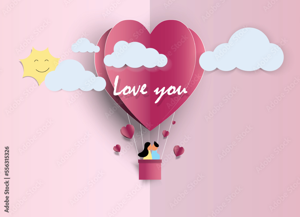 Love valentine's day balloon heart invitation card on abstract background with text love and young joyful, cloud, sun, paper cut pink heart.Vector illustration