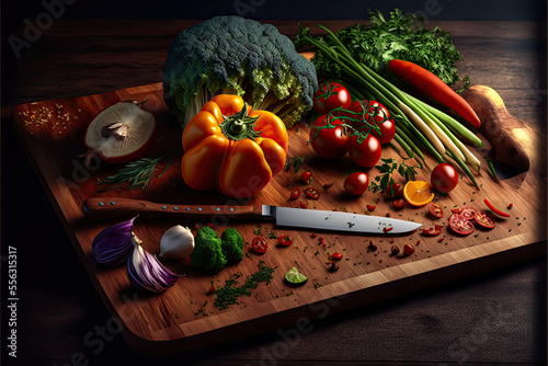 Generative AI digital art of chopping kitchen board with knife and ingredients around it photo