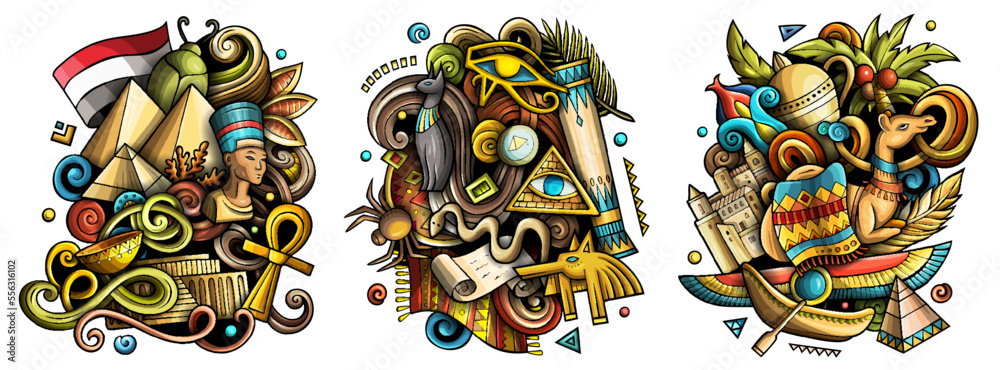 Fototapeta premium Egypt cartoon vector doodle designs set.