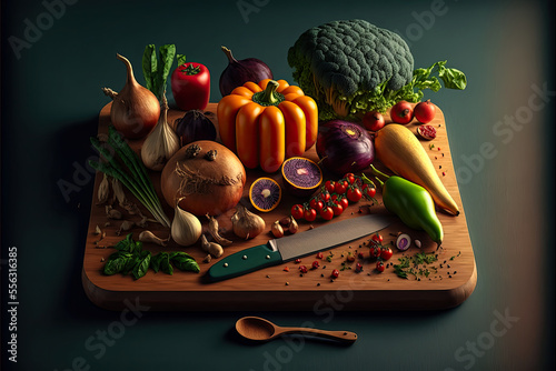 Generative AI digital art of chopping kitchen board with knife and ingredients around it photo