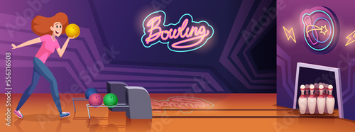 Bowling background. People in bowling club playing in action game with balls and skittle exact vector cartoon background
