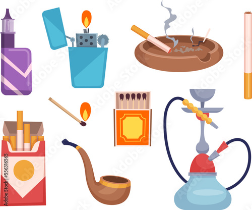 Cigarettes. Gas lighter tobacco tubes for smokers cigarettes lighter exact vector cartoon illustrations set