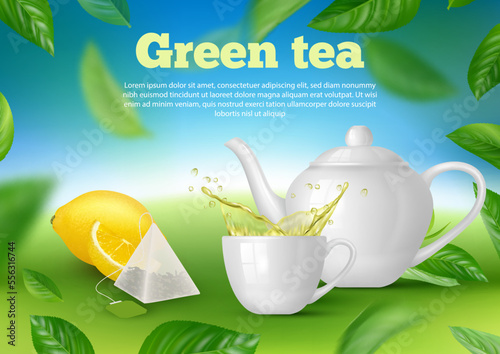 Tea poster. Relax time hot liquid products in kettle decent vector ads placard template