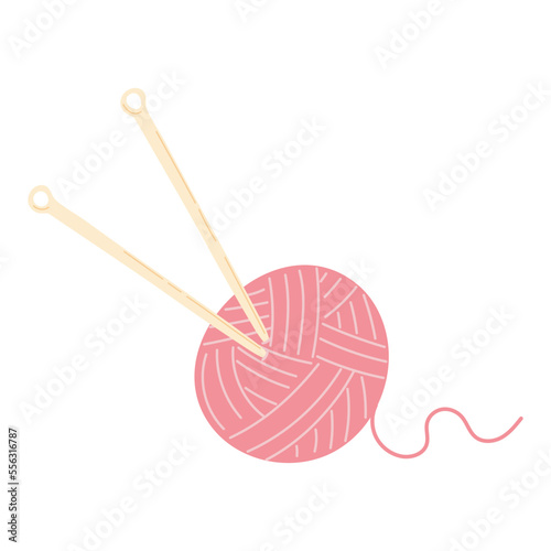 Cozy knitting needles and threads, pink yarn ball isolated on white background, time for hygge