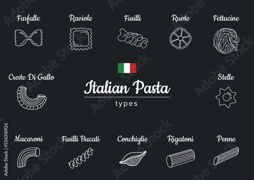 Italian food. Different types of pasta. Food Italian assortment, farfalle and cannelloni, Stortini and anellini spaghetti icons, line style illustration. Vector illustration for menu