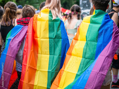 Bucharest, Romania - July 2022: LGBTQ rainbow flag at Pride parade rally in Bucharest © Cristi
