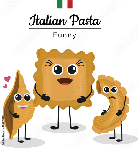 Cute character pasta, funny for menus, banners. Doodle pasta characters. Cute Italian wheat food. Cartoon macaroni mascots with hands legs and kawaii faces. Traditional fusilli or spaghetti. Menu