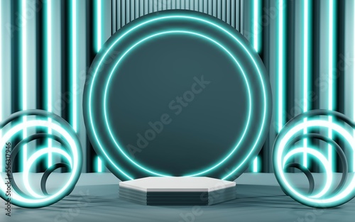 3D render of Podium background in blue tones for displaying cream products. cosmetics