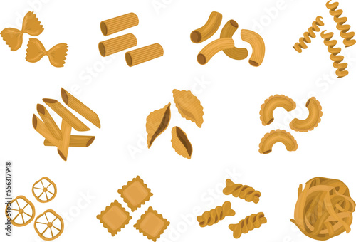 Big set with the different types of Italian pasta vector illustration isolated on white background. Spaghetti, Farfalle, penne, rigatoni, ravioli, fusilli,conchiglie, elbows, fettucine illustration.