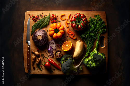 Generative AI digital art of chopping kitchen board with knife and ingredients around it photo