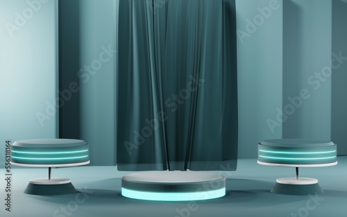 3D render of Podium background in blue tones for displaying cream products. cosmetics