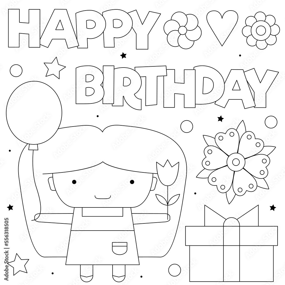 Happy Birthday. Coloring page. Black and white vector illustration