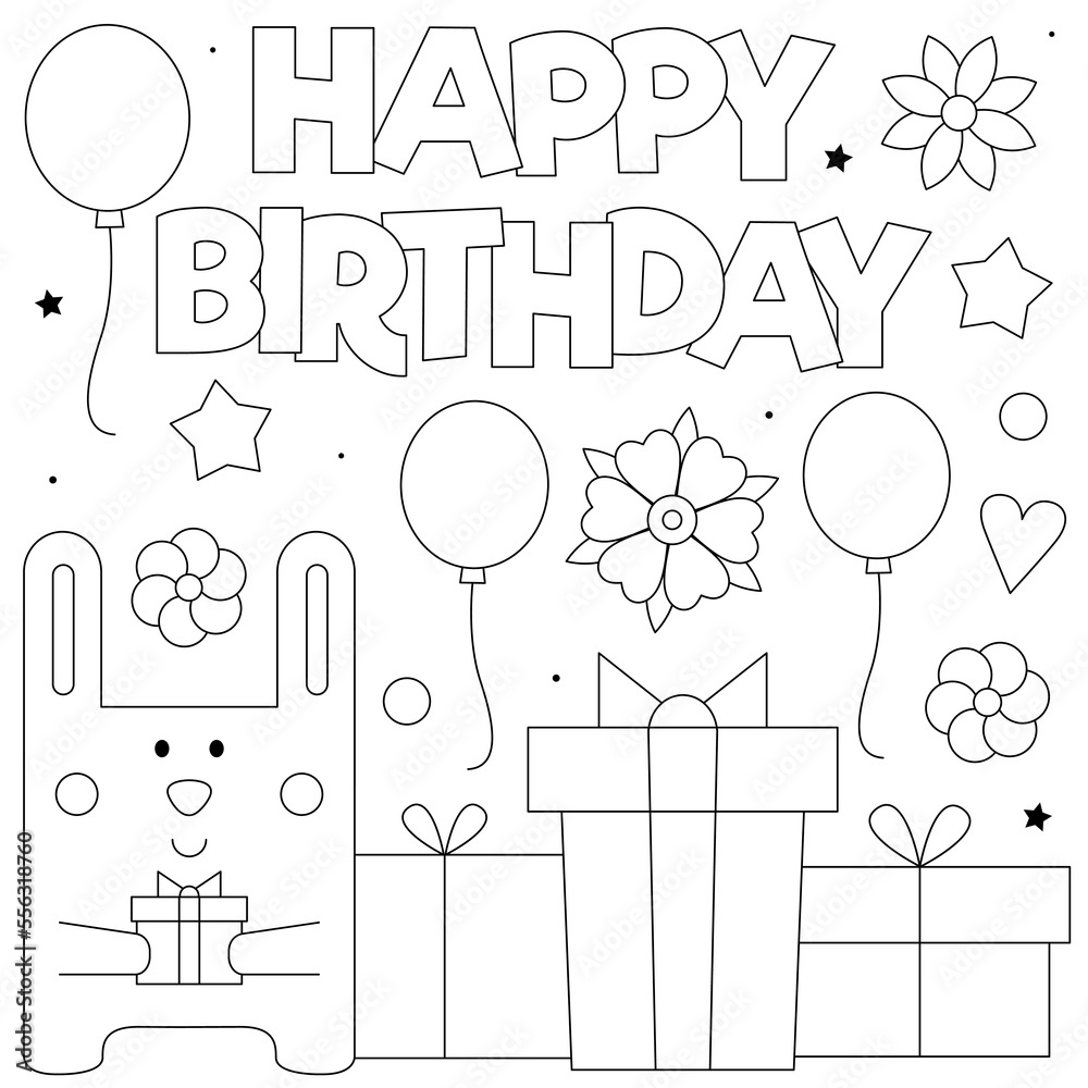 Happy Birthday. Coloring page. Black and white vector illustration