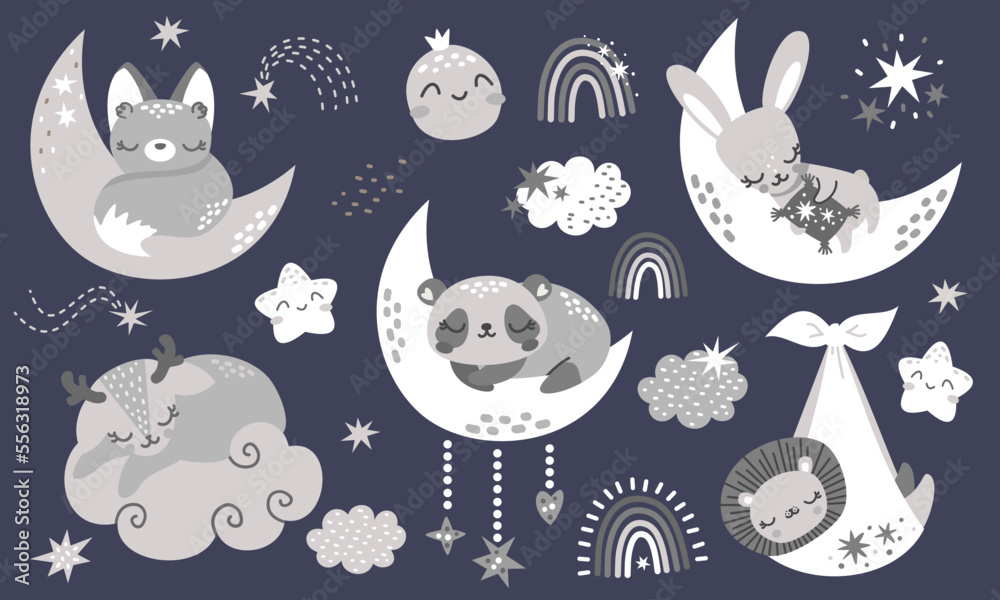 Cute collection of sleeping animals. Cute hare, panda, deer, fox, lion sleeping on the moon and cloud. A newborn lion cub in a diaper. Clouds, stars, rainbow
