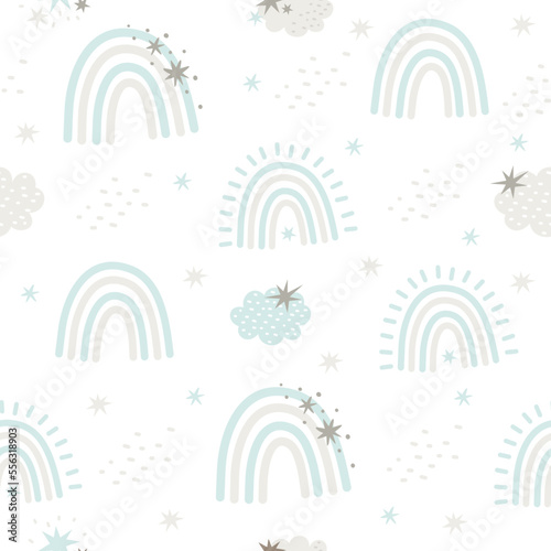 Seamless vector pattern. Cute rainbows and clouds and stars. Pattern for children's products in gentle colors 