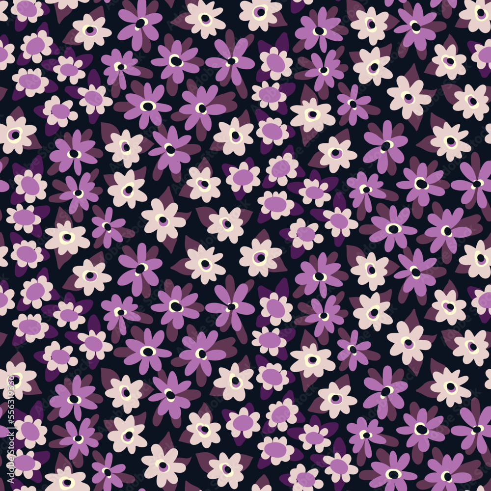 Seamless floral pattern with mini flowers on a purple field. Cute ditsy print, pretty flower design with small hand drawn flowers, tiny leaves on dark background. Vector illustration, design graphic. Seamless floral pattern with mini flowers on a purple field. Cute ditsy print, pretty flower design with small hand drawn flowers, tiny leaves on dark background. Vector illustration, design graphic.