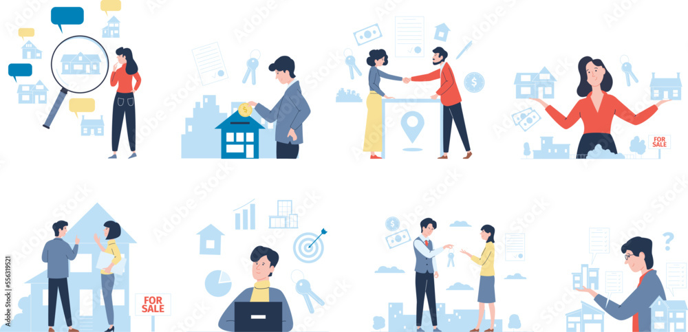 Real estate service scenes. Sale and choose buildings, properties agents. Property projects, rental business recent vector concept with characters