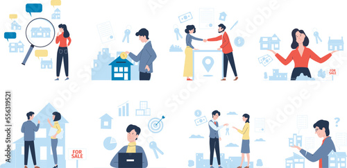 Real estate service scenes. Sale and choose buildings, properties agents. Property projects, rental business recent vector concept with characters