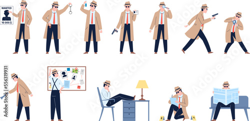 Detective character working and inspecting. Detectives professional with gun and magnifier looking foot prints. Recent cartoon agent or inspector vector set