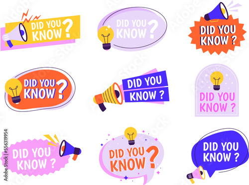 Marketing balloons, do you know stickers design. Facts info graphics labels. Ad badges, question and new idea messages, racy vector typography banners