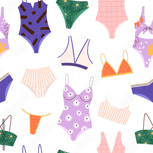 Beach bikini seamless pattern. Swimsuit clothes, bra or top and pantie. Hawaii girl accessories, summer color vacation racy fashion vector print