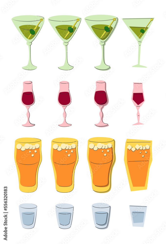 Martini liquor beer vodka shot glass on white background. Cartoon sketch graphic design. Doodle style. Colored hand drawn image. Party drink concept for restaurant, cafe, party. Freehand drawing style Martini liquor beer vodka shot glass on white background. Cartoon sketch graphic design. Doodle style. Colored hand drawn image. Party drink concept for restaurant, cafe, party. Freehand drawing style
