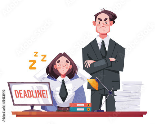 Angry boss and sleepy office worker employee concept. Vector graphic design illustration element