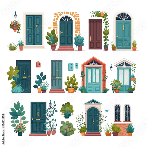 Front doors of residential houses. Isolated on background. Cartoon flat vector illustration