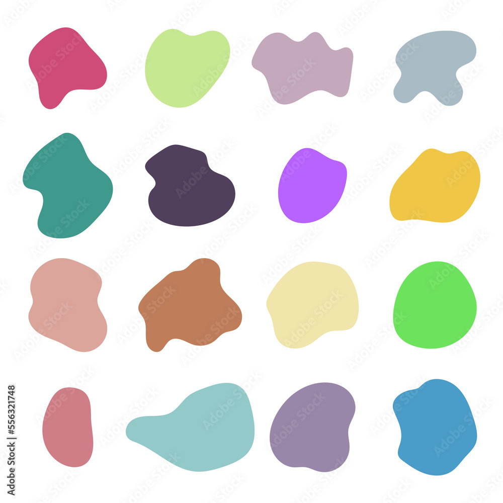Random organic shapes, abstract drops, blotch, inkblot. Vector set of liquid, fluid smooth form. Pebble and stone silhouettes. Collection of specks or spot of various irregular shapes.
