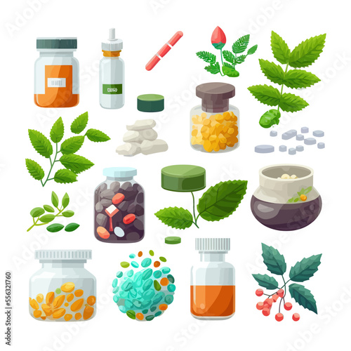 Natural pills, herbal capsules, organic tablets, supplements, vitamins set. Isolated on background. Cartoon flat vector illustration