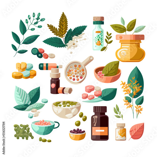 Natural pills, herbal capsules, organic tablets, supplements, vitamins set. Isolated on background. Cartoon flat vector illustration