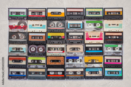 Canvas Print colorful audio cassettes collection on grey background