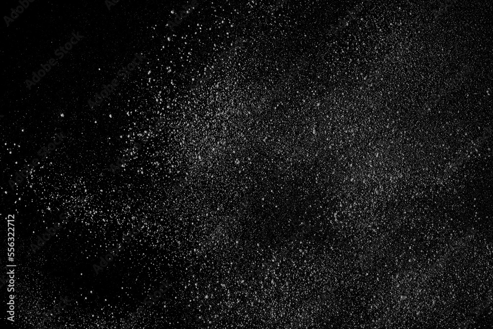 White powder isolated on black background, top view with clipping path White powder isolated on black background, top view with clipping path