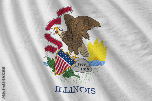 Illinois US state flag with big folds waving close up under the studio light indoors. The official symbols and colors in fabric banner photo