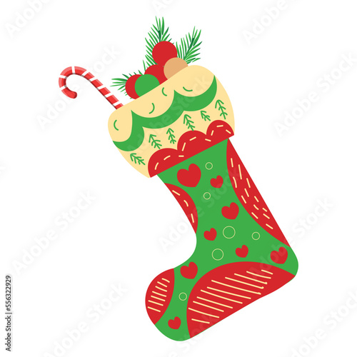 Beautiful Christmas sock with candy cane and decorations on white background