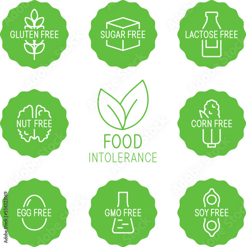 Collection of isolated vector label icons for packaging design of food intolerance and diet food. No wheat. Gluten, sugar free, lactose intolerant
