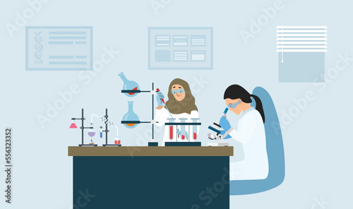 Scientists work in laboratories. New medicine development. Researcher with a microscope. Flat vector illustration