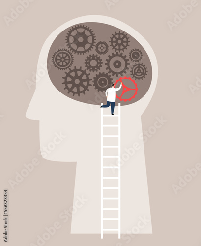 Person head inside which the psychologist highlights the solution to the problem with a lantern. Patient psychotherapy. Mind learning process concept