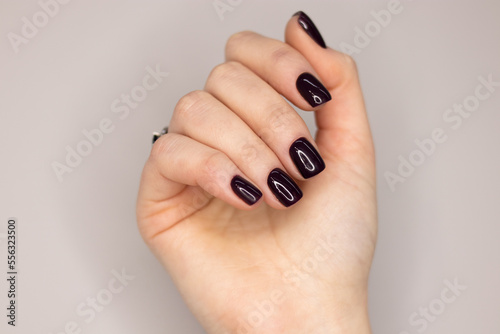 Dark gel polish on the nails of a girl. Dark manicure with soft square nails. Gel polish coatings