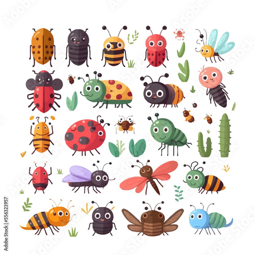 Cute cartoon insect characters set. Isolated on background. Cartoon flat vector illustration