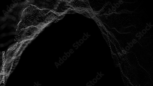 Wave of digital particles on a black background. Abstract interlacing lines and points. Digital connection of elements. Simulation of the movement of small particles. 3D rendering.