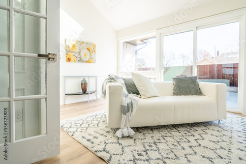 modern sunroom, white & gray, transitional. Empty 