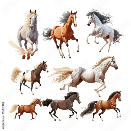 Horses set. Isolated on background. Cartoon flat vector illustration
