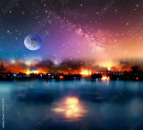  night sea orange and blue  starry sky  in harbor ,blue sea water  nebula and big moon on sea on horizon city light blurred light 