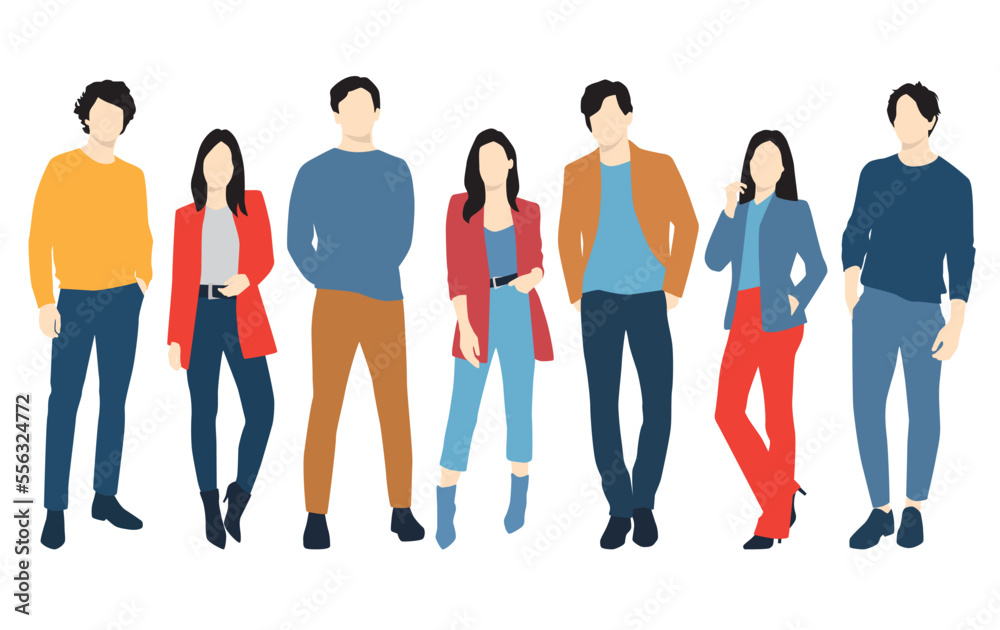 Obraz premium Set of young men and women, different colors, cartoon character, group of silhouettes of standing business people, students, the design concept of flat icon, isolated on white background