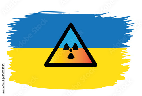 Sign of the radioactive zone on the background of the Ukrainian flag. Flat vector illustration of a sign warning about ionizing radiation of radioactive waste against the background of the flag of Ukr